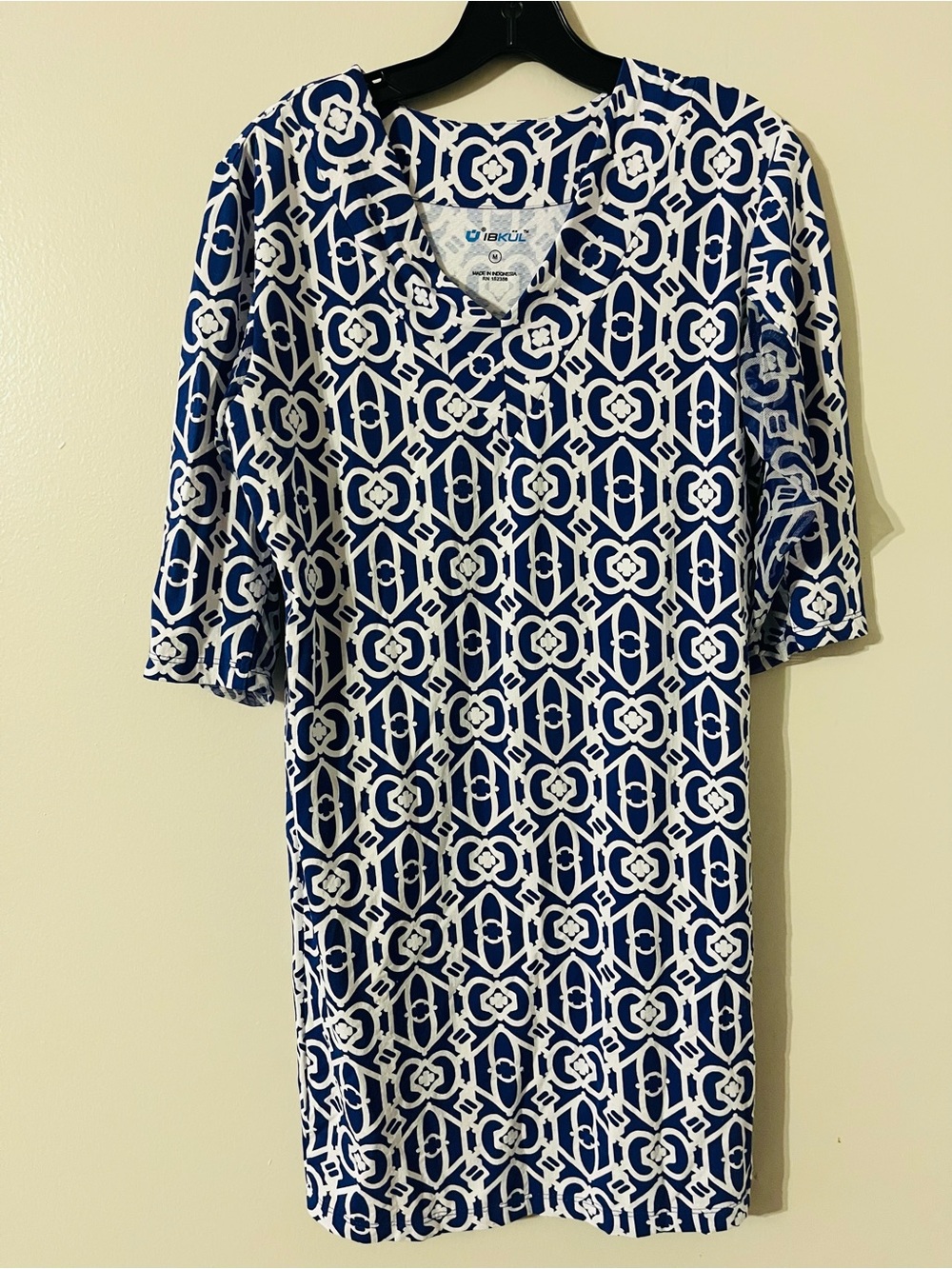 Ibkul Printed V-Neck Partial Mesh Long Sleeve Midi Dress Sz M